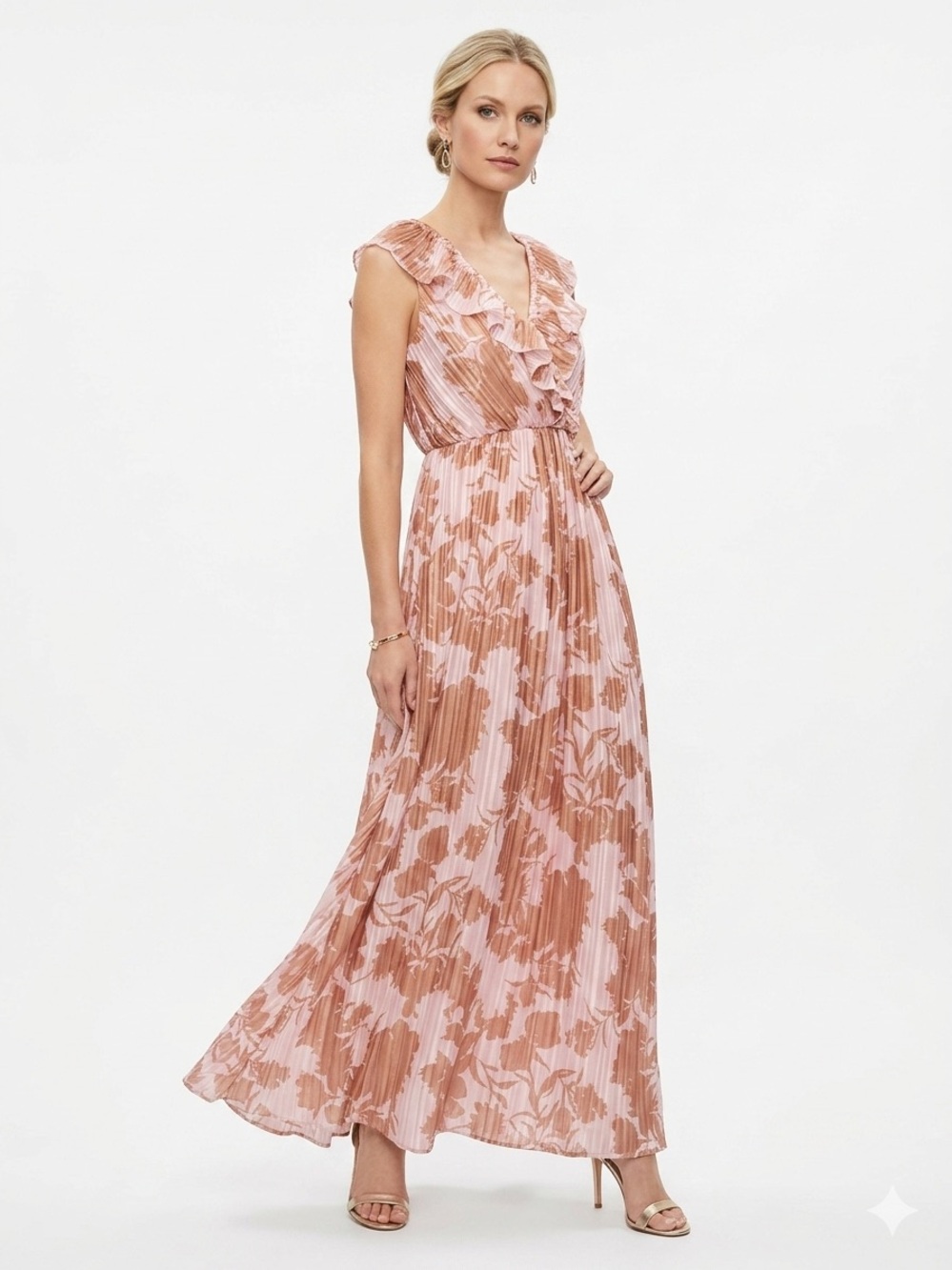 Everly Pink and Tan Floral Ruffled Maxi Dress